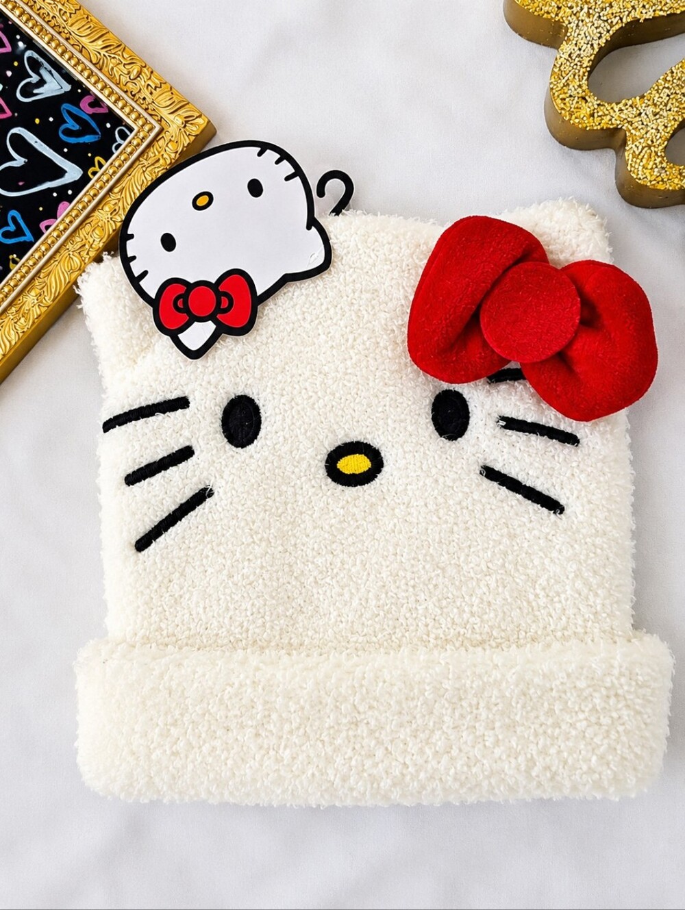 NWT Sanrio Hello Kitty White Fuzzy Plush Beanie Red Bow 3D Ears Kawaii Sz 8.5" W